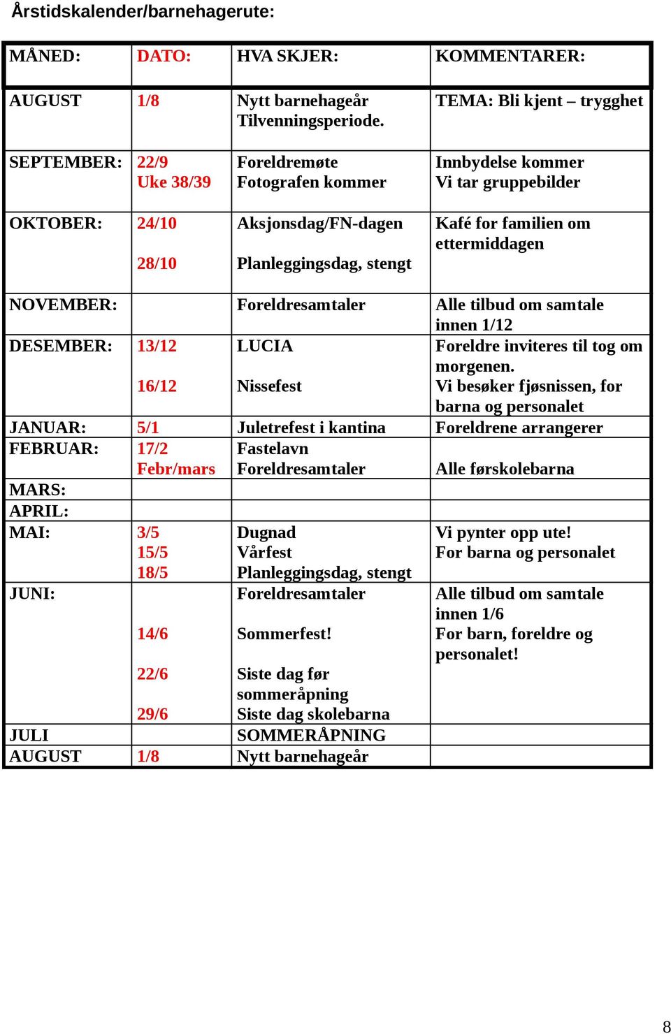 Planleggingsdag, stengt NOVEMBER: DESEMBER: JANUAR: FEBRUAR: MARS: APRIL: MAI: Foreldresamtaler 13/12 LUCIA 16/12 Nissefest 5/1 17/2 Febr/mars Juletrefest i kantina Fastelavn Foreldresamtaler 3/5