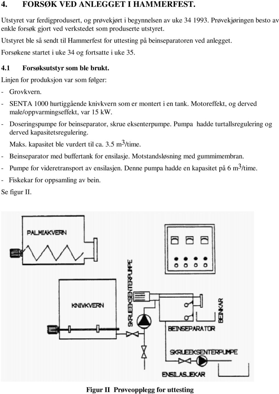 Linjen for produksjon var som følger: - Grovkvern. - SENTA 1000 hurtiggående knivkvern som er montert i en tank. Motoreffekt, og derved male/oppvarmingseffekt, var 15 kw.