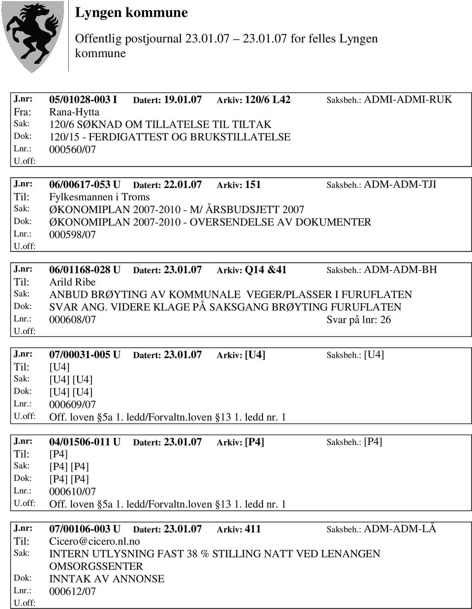 : ADM-ADM-TJI Til: Fylkesmannen i Troms Sak: ØKONOMIPLAN 2007-2010 - M/ ÅRSBUDSJETT 2007 Dok: ØKONOMIPLAN 2007-2010 - OVERSENDELSE AV DOKUMENTER Lnr.: 000598/07 J.nr: 06/01168-028 U Datert: 23.01.07 Arkiv: Q14 &41 Saksbeh.