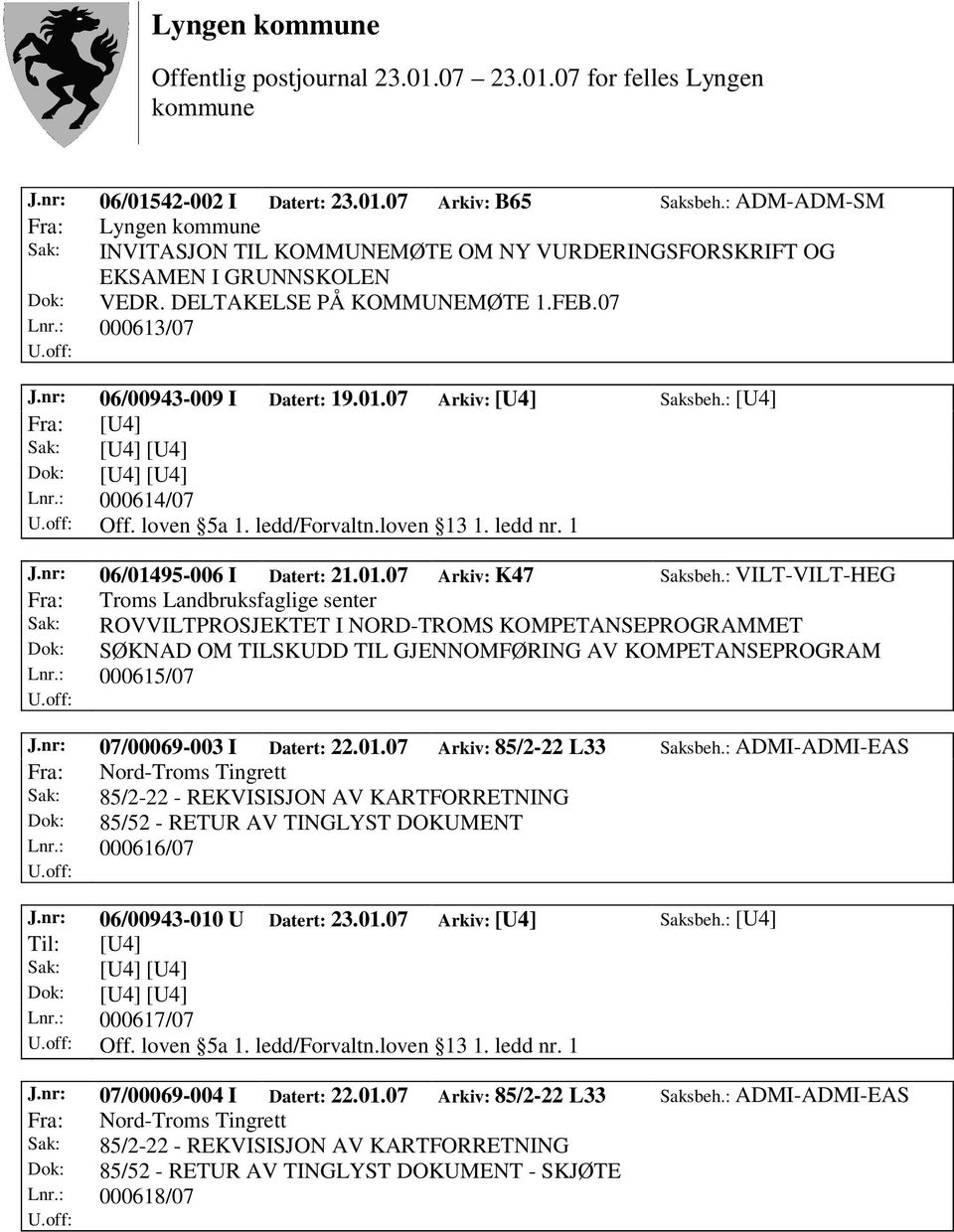 ledd/forvaltn.loven 13 1. ledd nr. 1 J.nr: 06/01495-006 I Datert: 21.01.07 Arkiv: K47 Saksbeh.