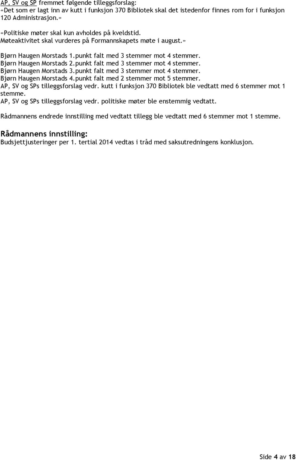 Bjørn Haugen Morstads 2.punkt falt med 3 stemmer mot 4 stemmer. Bjørn Haugen Morstads 3.punkt falt med 3 stemmer mot 4 stemmer. Bjørn Haugen Morstads 4.punkt falt med 2 stemmer mot 5 stemmer.