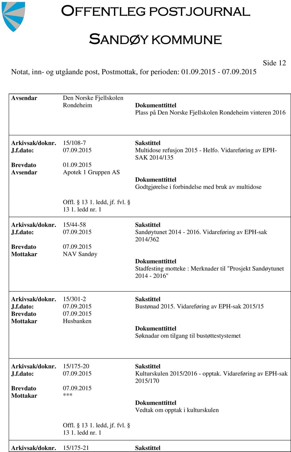 Vidareføring av EPH-sak 2014/362 Mottakar NAV Sandøy Stadfesting motteke : Merknader til "Prosjekt Sandøytunet 2014-2016" Arkivsak/doknr. 15/301-2 Sakstittel J.f.dato: 07.09.2015 Bustønad 2015.