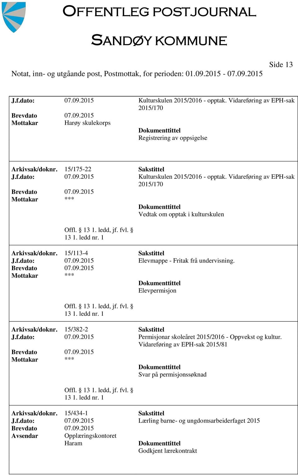 Elevpermisjon Arkivsak/doknr. 15/382-2 Sakstittel J.f.dato: 07.09.2015 Permisjonar skoleåret 2015/2016 - Oppvekst og kultur.