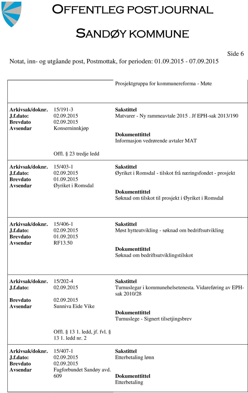 2015 Øyriket i Romsdal - tilskot frå næringsfondet - prosjekt Øyriket i Romsdal Søknad om tilskot til prosjekt i Øyriket i Romsdal Arkivsak/doknr. 15/406-1 Sakstittel J.f.dato: 02.09.