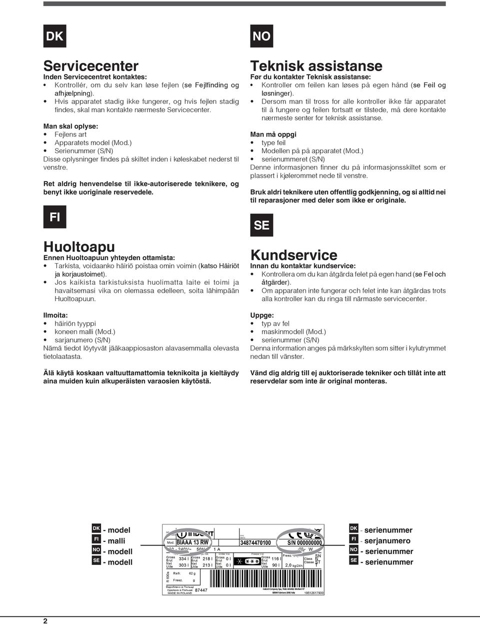 ) Serienummer (S/N) Disse oplysninger findes på skiltet inden i køleskabet nederst til venstre. Ret aldrig henvendelse til ikke-autoriserede teknikere, og benyt ikke uoriginale reservedele.