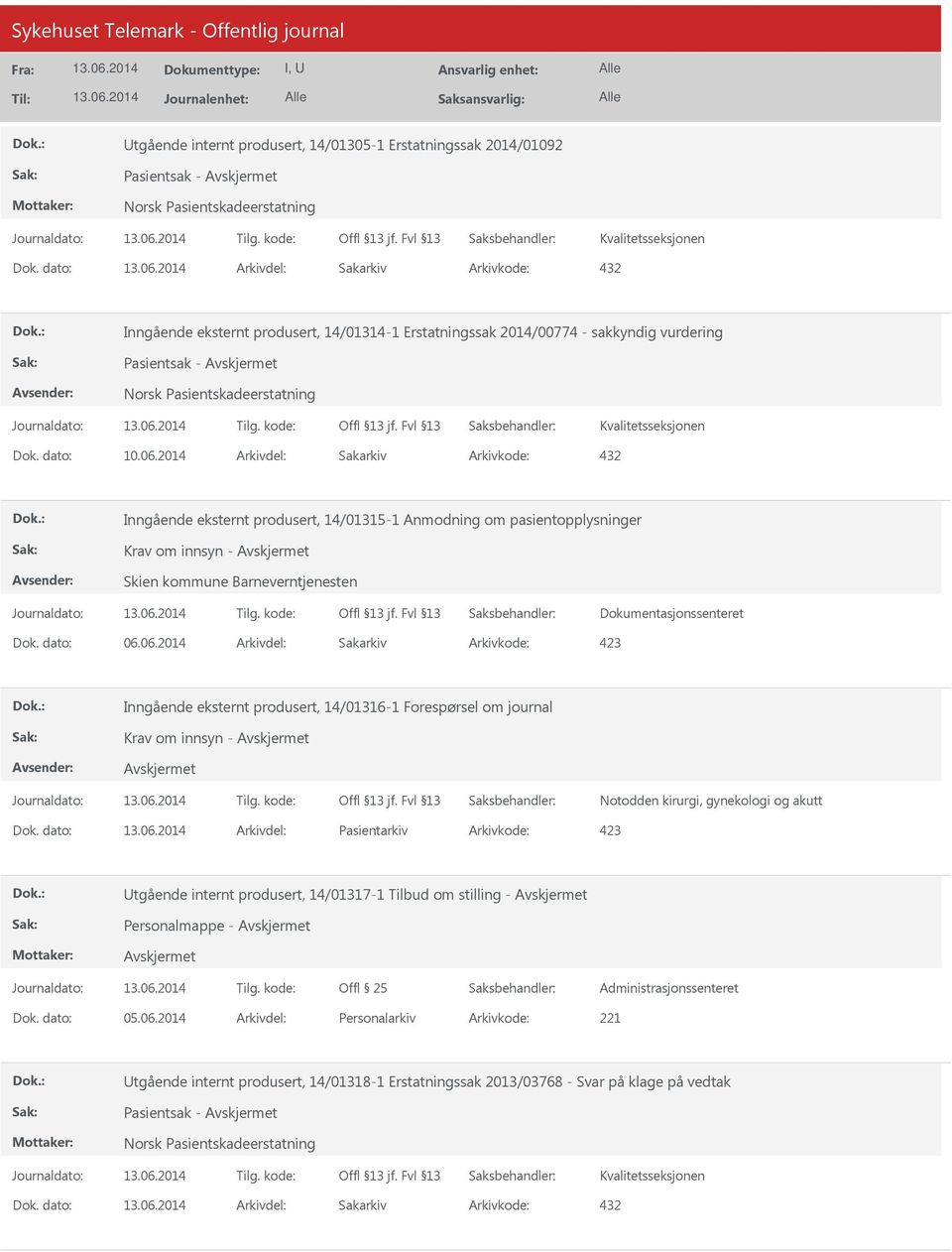 2014 Arkivdel: Sakarkiv Inngående eksternt produsert, 14/01315-1 Anmodning om pasientopplysninger Krav om innsyn - Skien kommune Barneverntjenesten Dokumentasjonssenteret Dok. dato: 06.