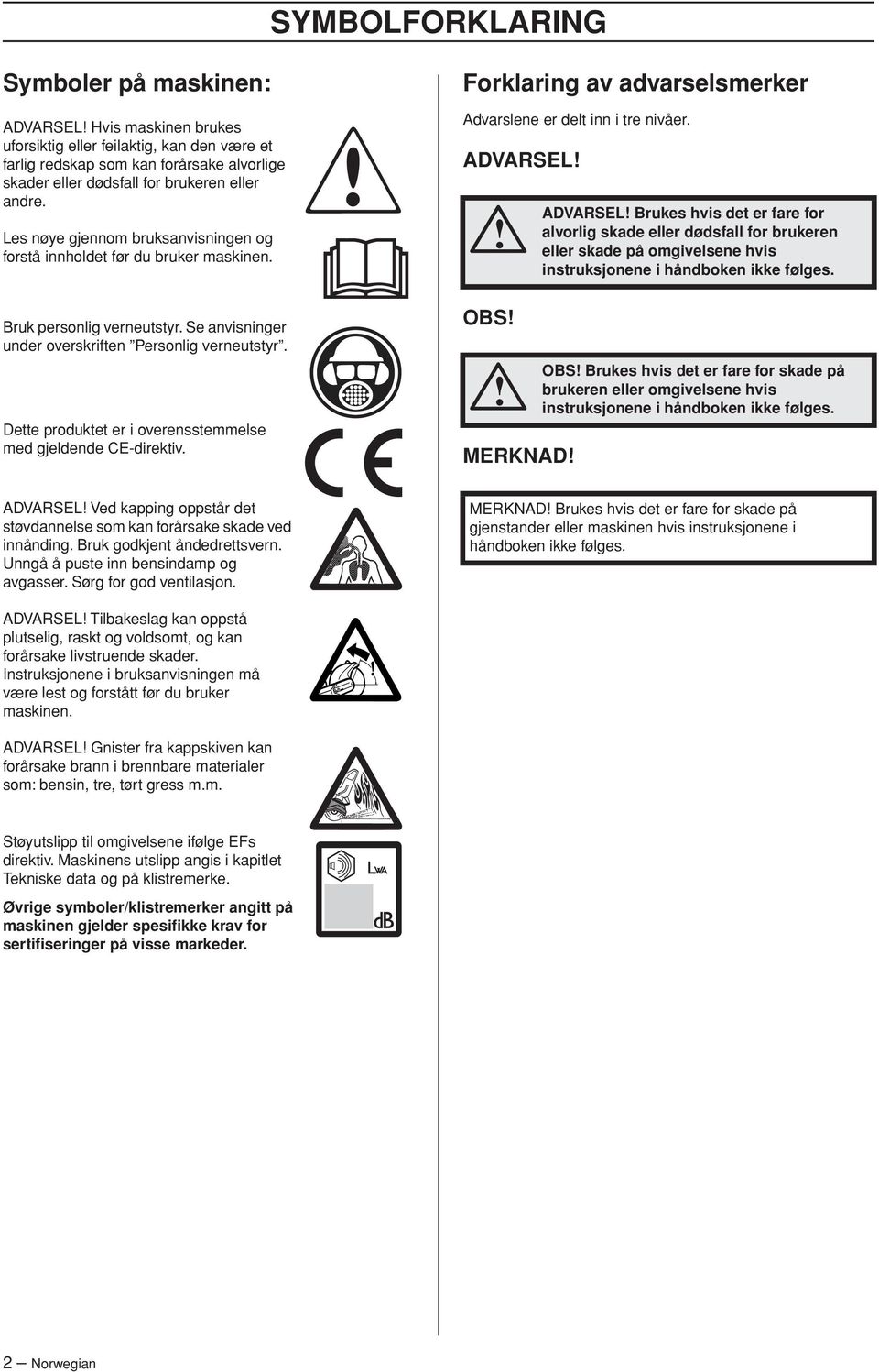 Dette produktet er i overensstemmelse med gjeldende CE-direktiv. Forklaring av advarselsmerker Advarslene er delt inn i tre nivåer.