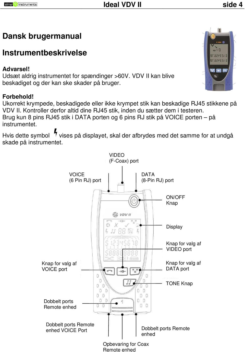 Brug kun 8 pins RJ45 stik i DATA porten og 6 pins RJ stik på VOICE porten på instrumentet. Hvis dette symbol vises på displayet, skal der afbrydes med det samme for at undgå skade på instrumentet.