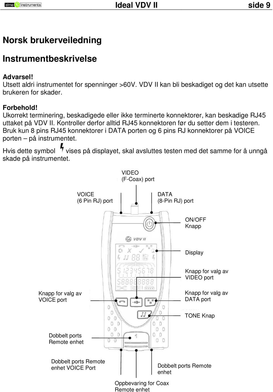 Bruk kun 8 pins RJ45 konnektorer i DATA porten og 6 pins RJ konnektorer på VOICE porten på instrumentet.