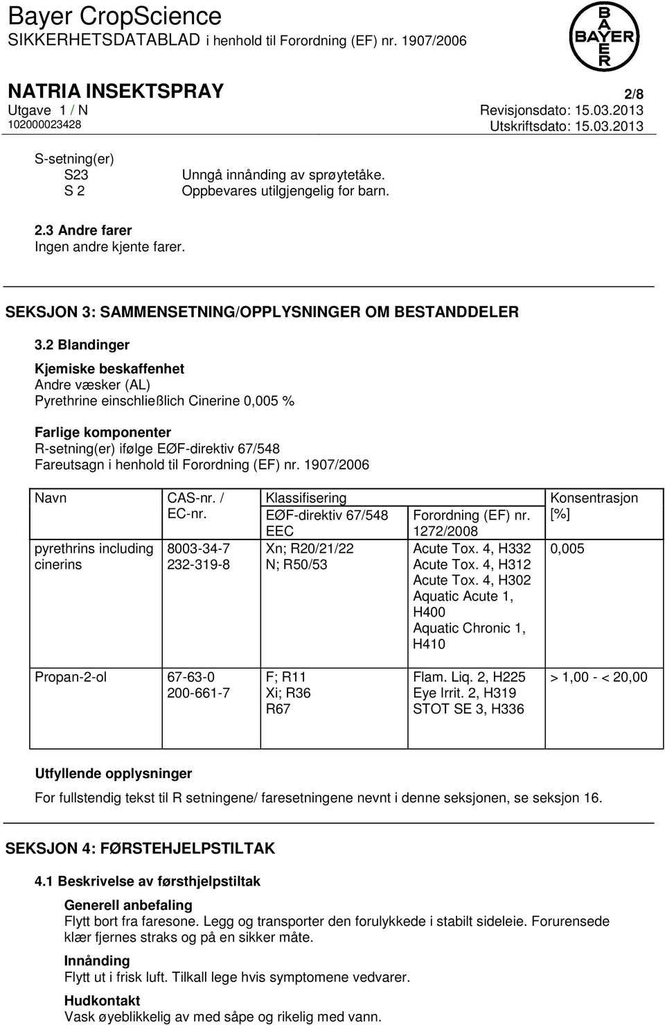 2 Blandinger Kjemiske beskaffenhet Andre væsker (AL) Pyrethrine einschließlich Cinerine 0,005 % Farlige komponenter R-setning(er) ifølge EØF-direktiv 67/548 Fareutsagn i henhold til Forordning (EF)