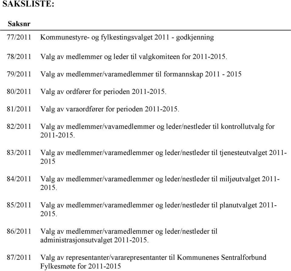 82/2011 Valg av medlemmer/vavamedlemmer og leder/nestleder til kontrollutvalg for 2011-2015.