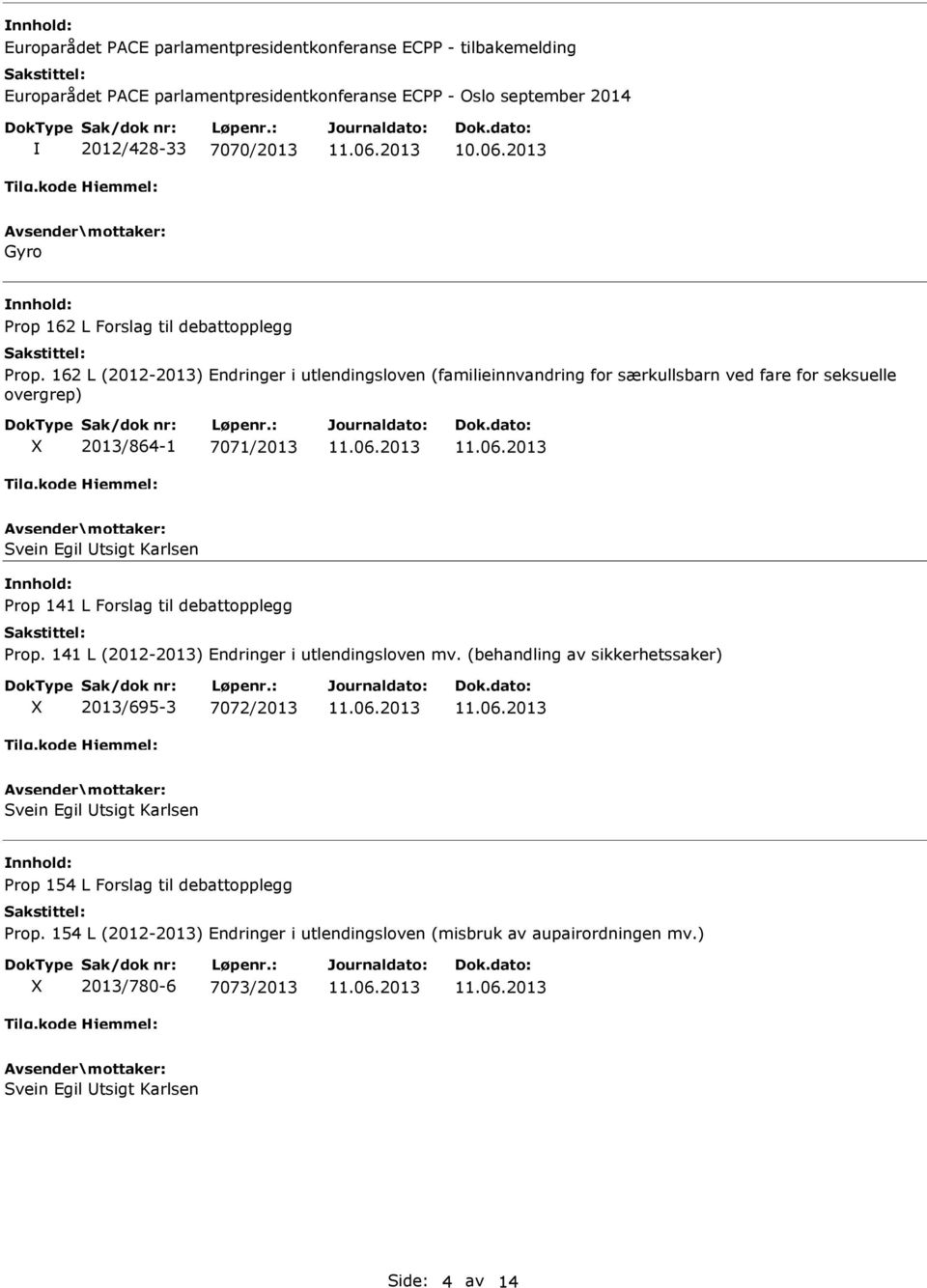 162 L (2012-2013) Endringer i utlendingsloven (familieinnvandring for særkullsbarn ved fare for seksuelle overgrep) 2013/864-1 7071/2013 Svein Egil Utsigt Karlsen Prop 141 L  141 L