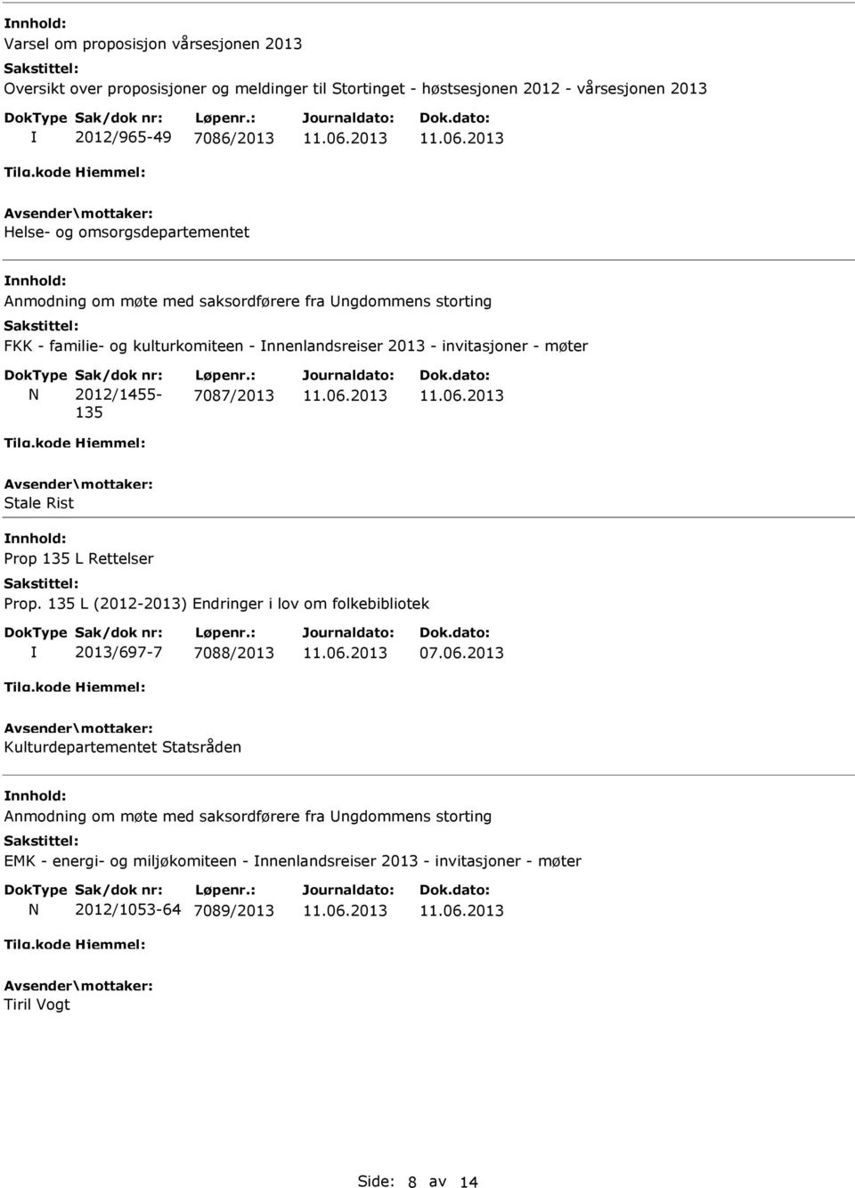 2012/1455-135 Løpenr.: 7087/2013 Stale Rist Prop 135 L Rettelser Prop. 135 L (2012-2013) Endringer i lov om folkebibliotek 2013/697-7 7088/2013 07.06.