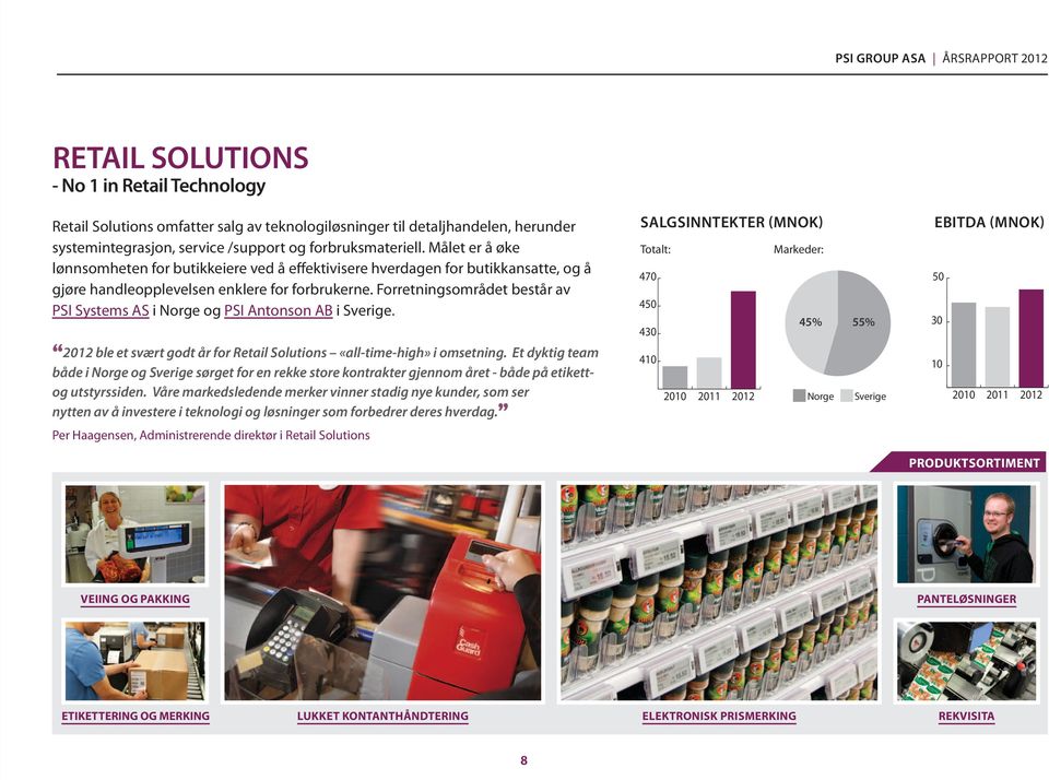 Forretningsområdet består av PSI Systems AS i Norge og PSI Antonson AB i Sverige. 2012 ble et svært godt år for Retail Solutions «all-time-high» i omsetning.