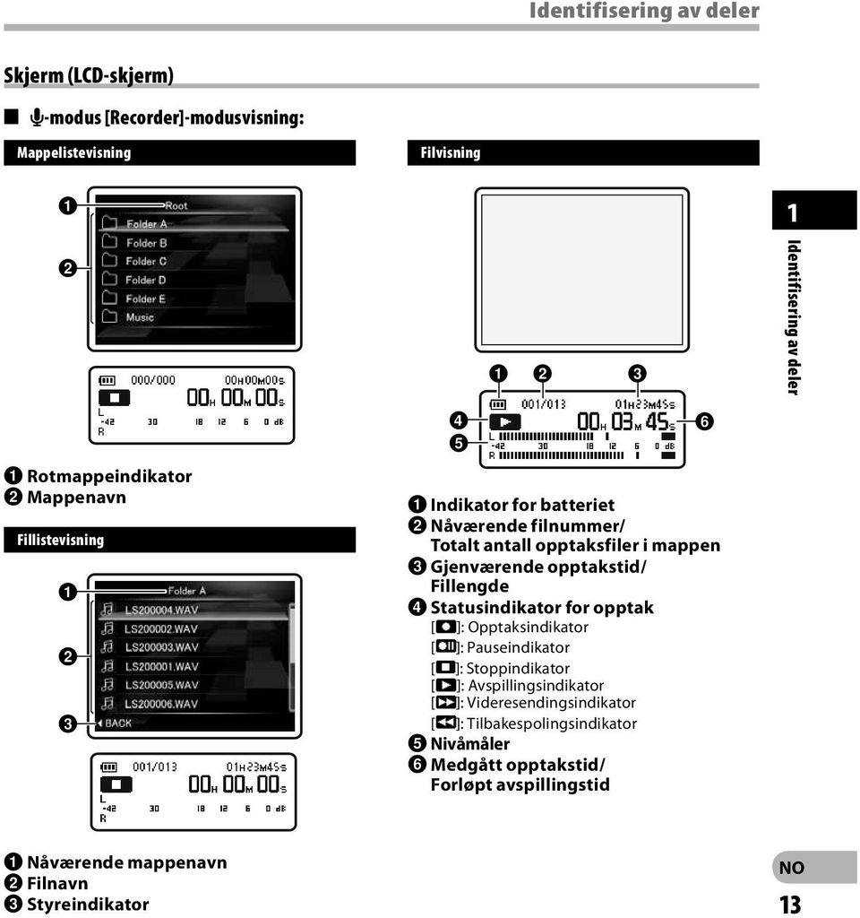 Gjenværende opptakstid/ Fillengde 4 Statusindikator for opptak [K]: Opptaksindikator [ ]: Pauseindikator [L]: Stoppindikator [ ]: Avspillingsindikator