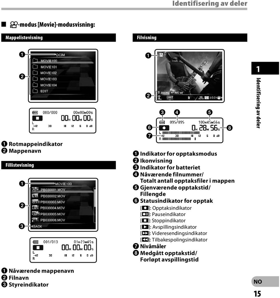 opptaksfiler i mappen 5 Gjenværende opptakstid/ Fillengde 6 Statusindikator for opptak [K]: Opptaksindikator [ ]: Pauseindikator [L]: Stoppindikator [ ]: