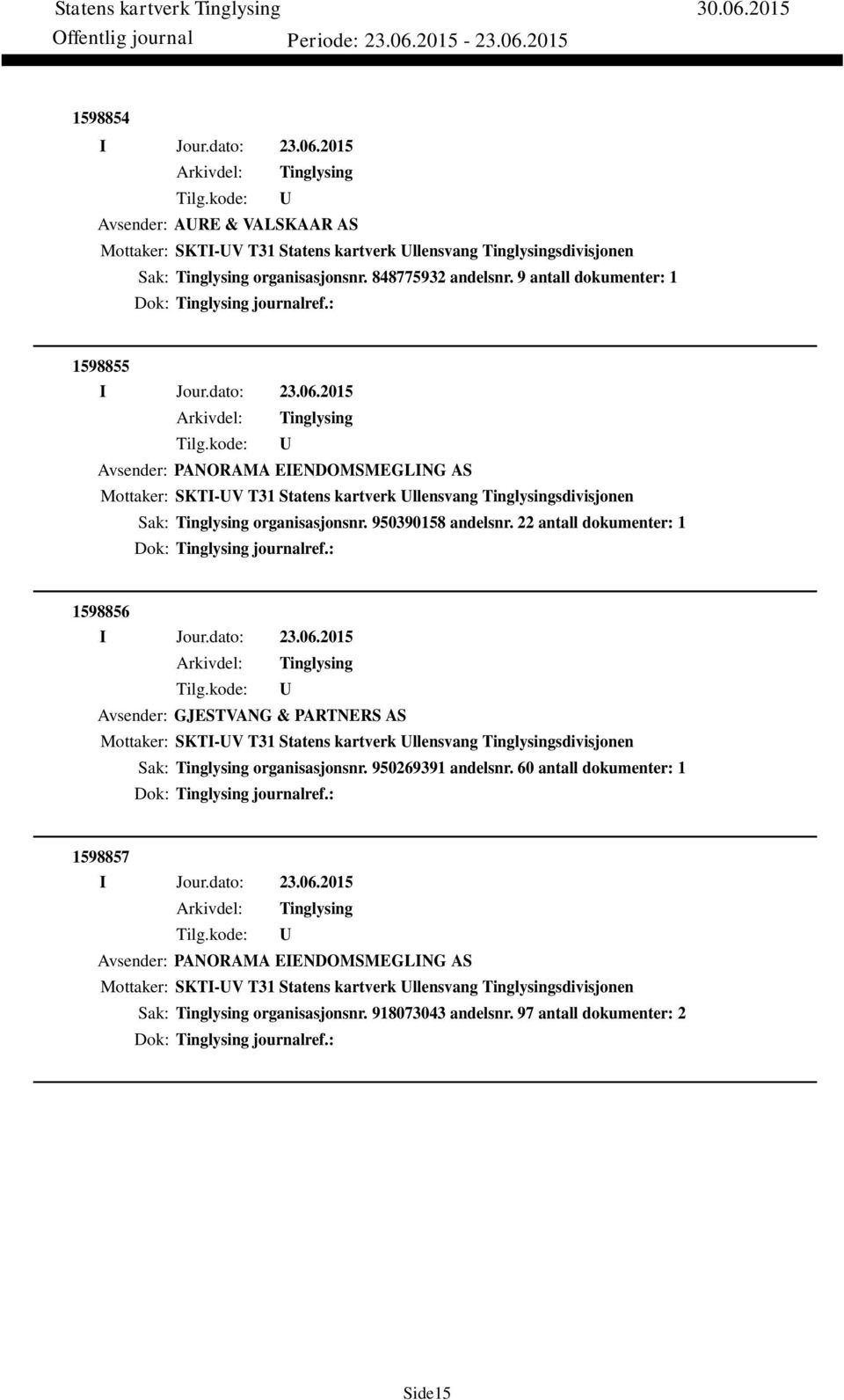 22 antall dokumenter: 1 Dok: journalref.: 1598856 Avsender: GJESTVANG & PARTNERS AS Mottaker: SKTI-V T31 Statens kartverk llensvang sdivisjonen Sak: organisasjonsnr. 950269391 andelsnr.