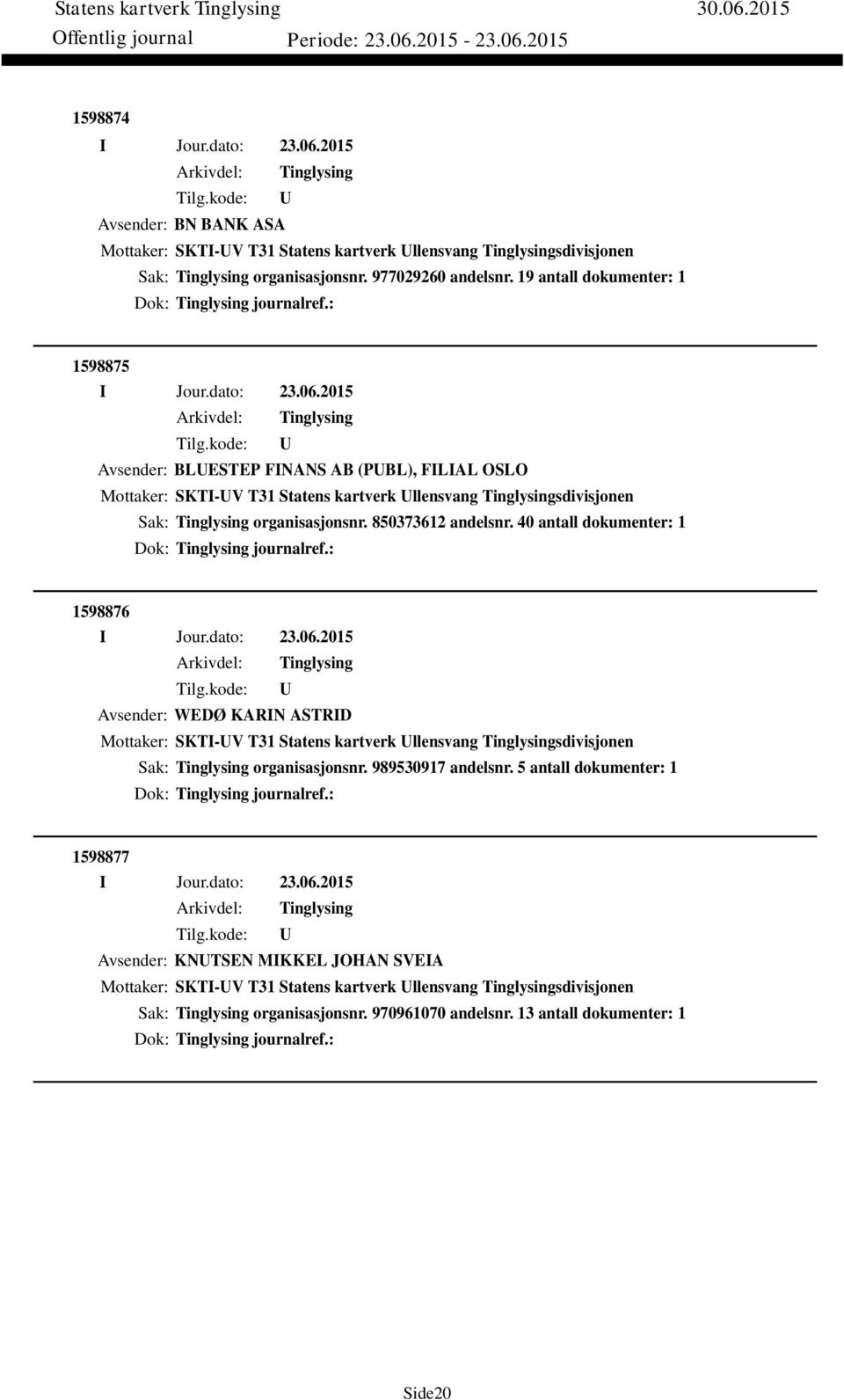 850373612 andelsnr. 40 antall dokumenter: 1 Dok: journalref.: 1598876 Avsender: WEDØ KARIN ASTRID Mottaker: SKTI-V T31 Statens kartverk llensvang sdivisjonen Sak: organisasjonsnr.