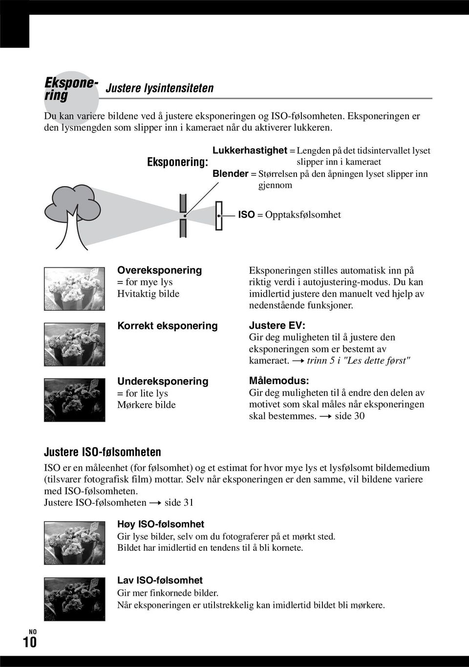 mye lys Hvitaktig bilde Korrekt eksponering Undereksponering = for lite lys Mørkere bilde Eksponeringen stilles automatisk inn på riktig verdi i autojustering-modus.