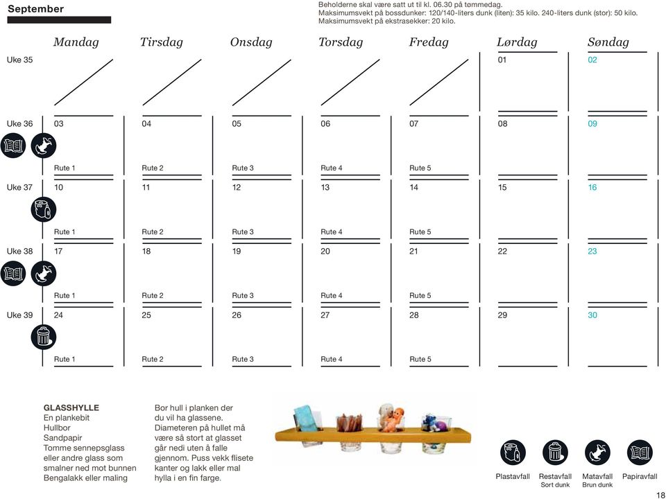 Mandag Tirsdag Onsdag Torsdag Fredag Lørdag Søndag Uke 35 Uke 36 Uke 37 16 Uke 38 17 18 19 20 21 22 23 Uke 39 24 25 26 27 28 29 30 GLASSHYLLE En plankebit Hullbor Sandpapir Tomme
