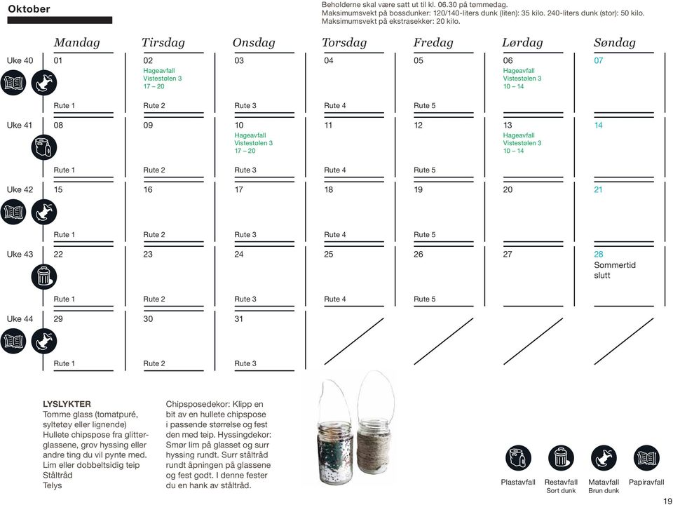 Vistestølen 3 Uke 42 16 17 18 19 20 21 Rute 2 Rute 3 Rute 4 Rute 5 Uke 43 22 23 24 25 26 27 28 Sommertid slutt Uke 44 29 30 31 Rute 2 Rute 3 LYSLYKTER Tomme glass (tomatpuré, syltetøy eller lignende)