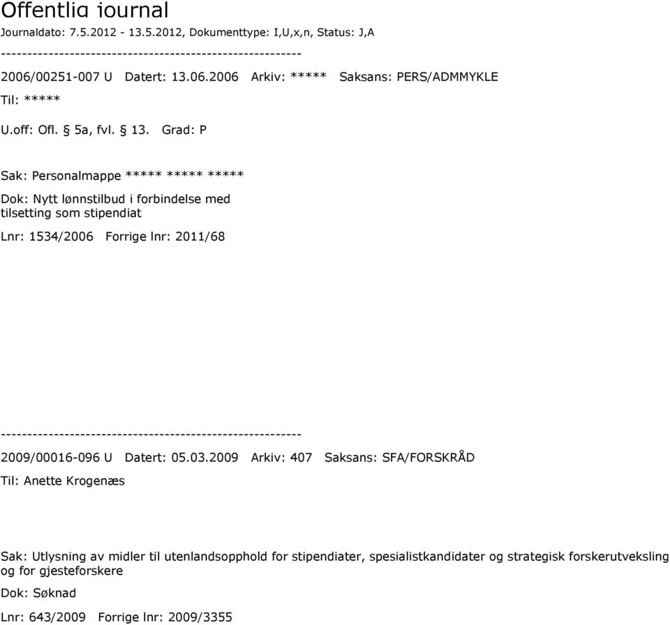 Grad: P Sak: Personalmappe ***** ***** ***** Dok: Nytt lønnstilbud i forbindelse med tilsetting som stipendiat Lnr: 1534/2006 Forrige lnr: 2011/68