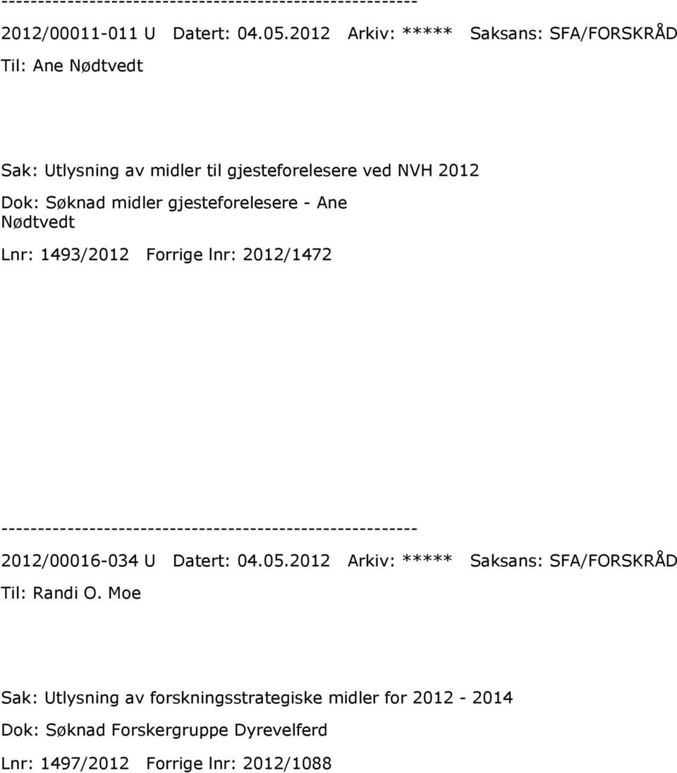 Dok: Søknad midler gjesteforelesere - Ane Nødtvedt Lnr: 1493/2012 Forrige lnr: 2012/1472 2012/00016-034 U