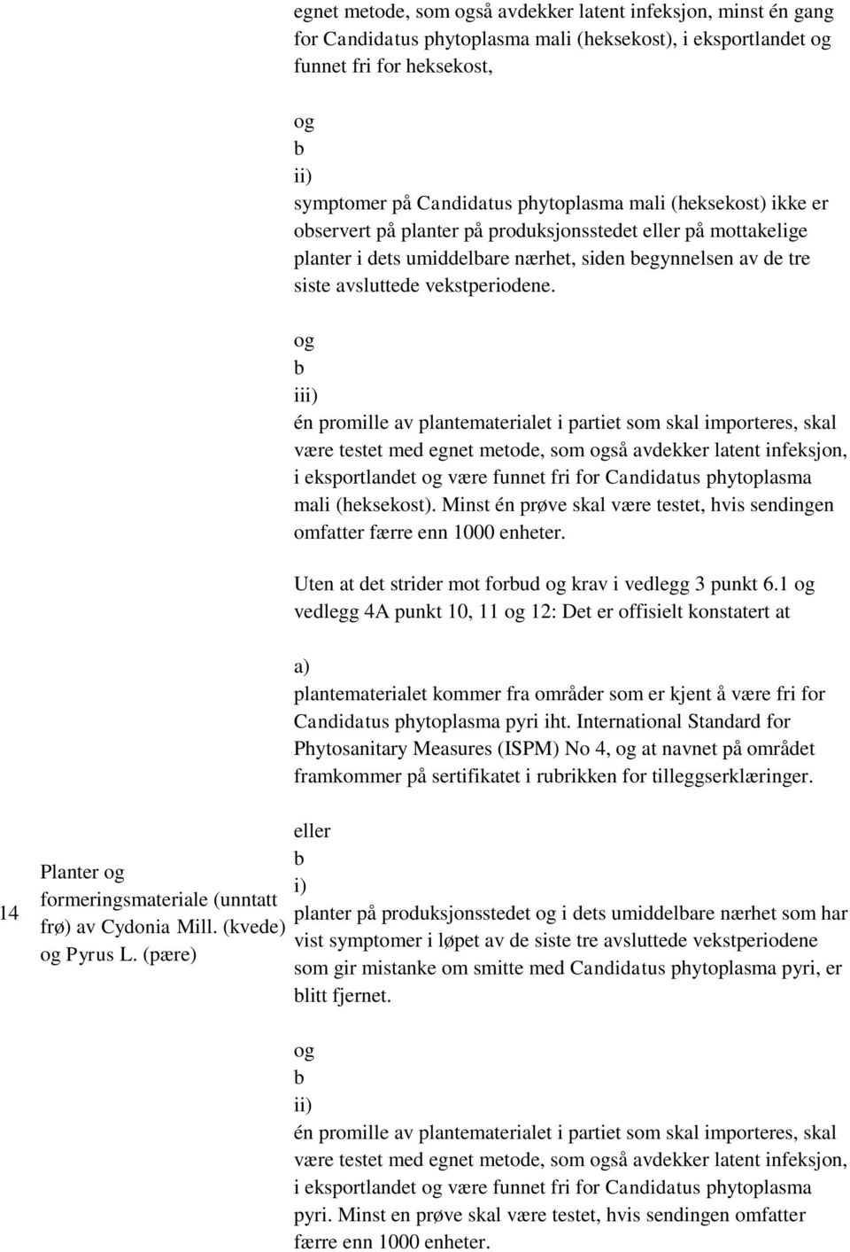 ii én promille av plantematerialet i partiet som skal importeres, skal være testet med egnet metode, som så avdekker latent infeksjon, i eksportlandet være funnet fri for Candidatus phytoplasma mali