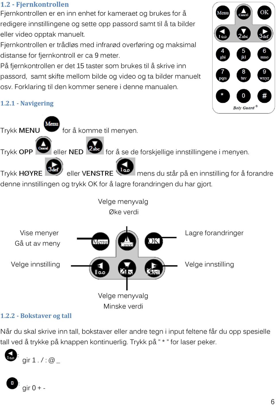 På fjernkontrollen er det 15 taster som brukes til å skrive inn passord, samt skifte mellom bilde og video og ta bilder manuelt osv. Forklaring til den kommer senere i denne manualen. 1.2.