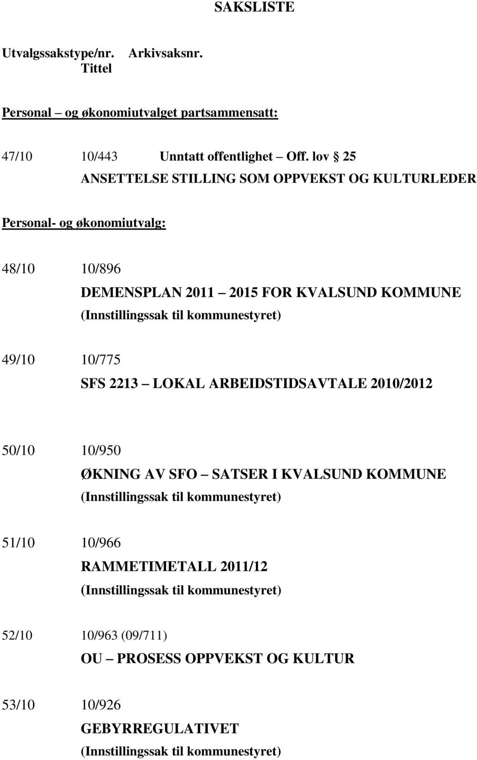 kommunestyret) 49/10 10/775 SFS 2213 LOKAL ARBEIDSTIDSAVTALE 2010/2012 50/10 10/950 ØKNING AV SFO SATSER I KVALSUND KOMMUNE (Innstillingssak til kommunestyret)