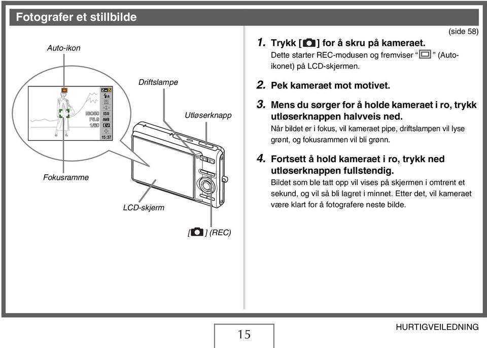 Når bildet er i fokus, vil kameraet pipe, driftslampen vil lyse grønt, og fokusrammen vil bli grønn. Fokusramme LCD-skjerm 4.