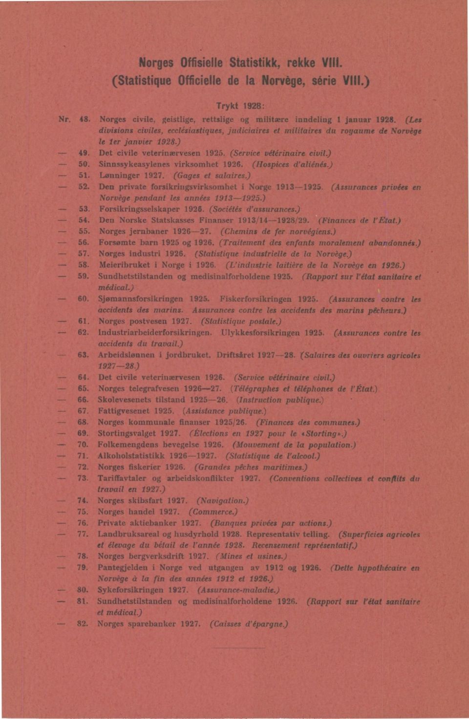 Sinnssykeasylenes virksomhet 1926. (Hospices d'aliénés.) 51. Lønninger 1927. (Gages et salaires.) 52. Den private forsikringsvirksomhet i Norge 19131925.