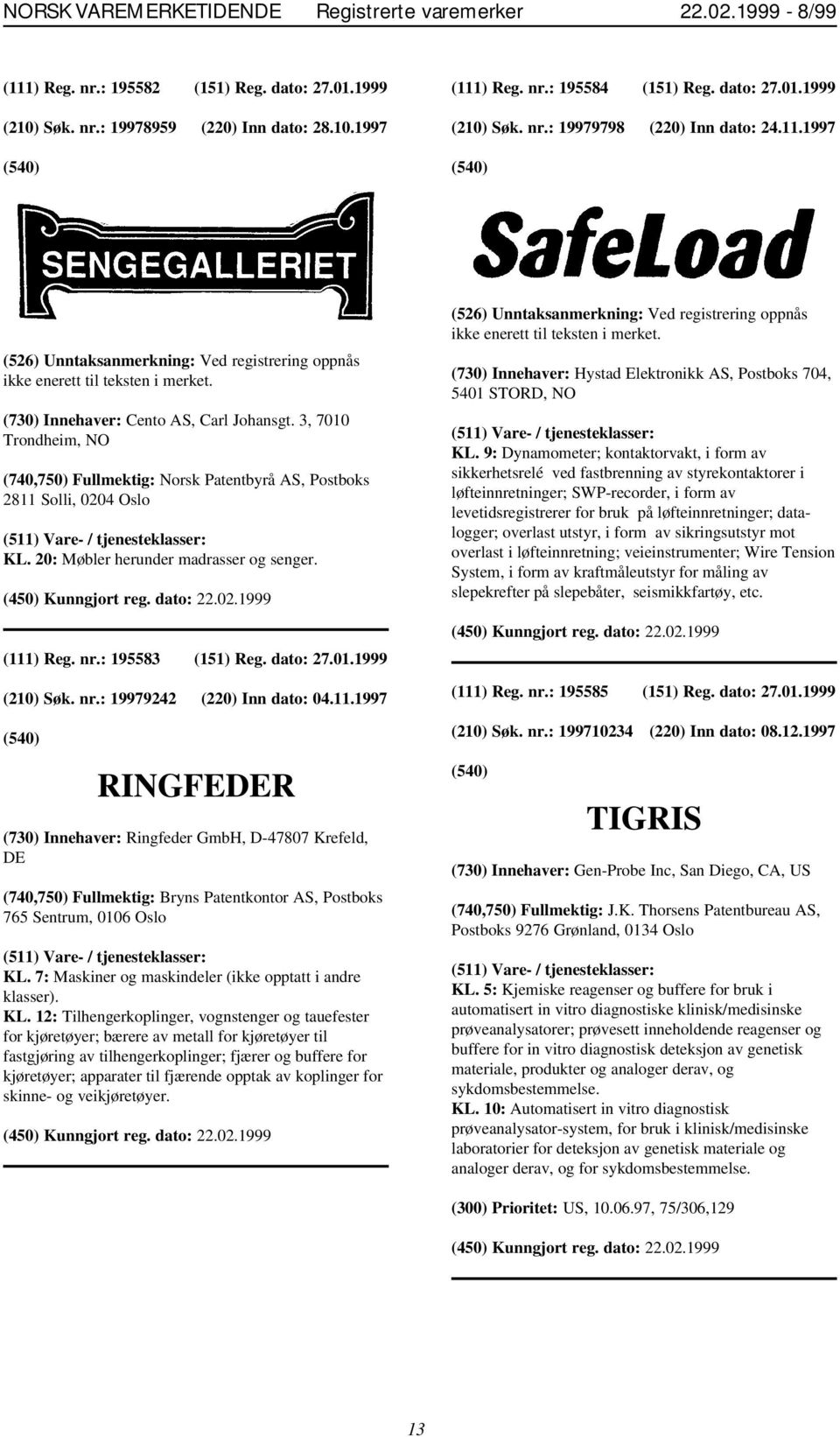 3, 7010 Trondheim, NO (740,750) Fullmektig: Norsk Patentbyrå AS, Postboks 2811 Solli, 0204 Oslo KL. 20: Møbler herunder madrasser og senger. (111) Reg. nr.: 195583 (151) Reg. dato: 27.01.1999 (210) Søk.