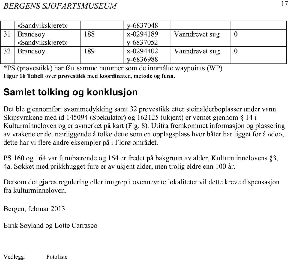 Skipsvrakene med id 145094 (Spekulator) og 162125 (ukjent) er vernet gjennom 14 i Kulturminneloven og er avmerket på kart (Fig. 8).