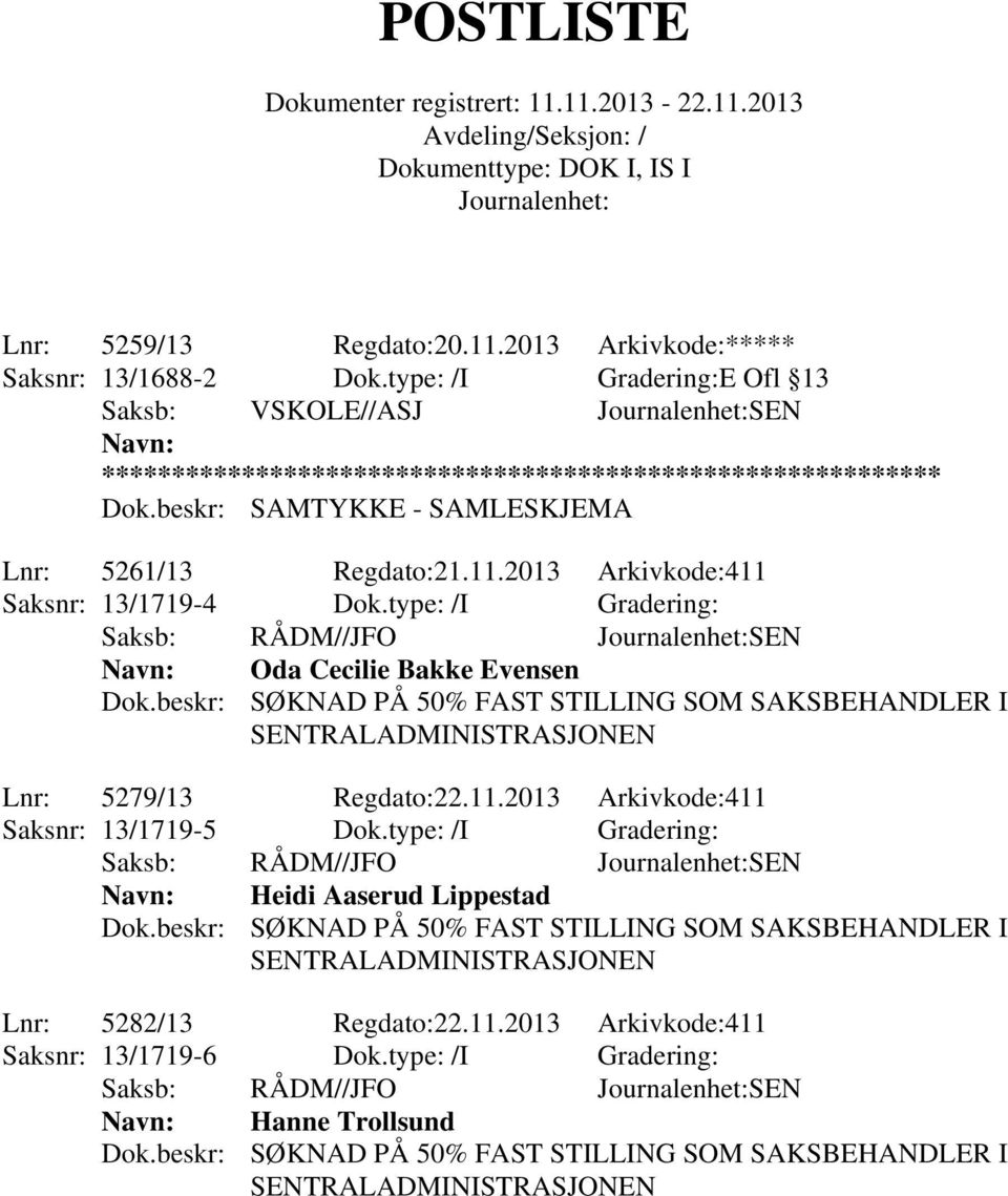 2013 Arkivkode:411 Saksnr: 13/1719-5 Dok.type: /I Gradering: Saksb: RÅDM//JFO SEN Heidi Aaserud Lippestad Dok.