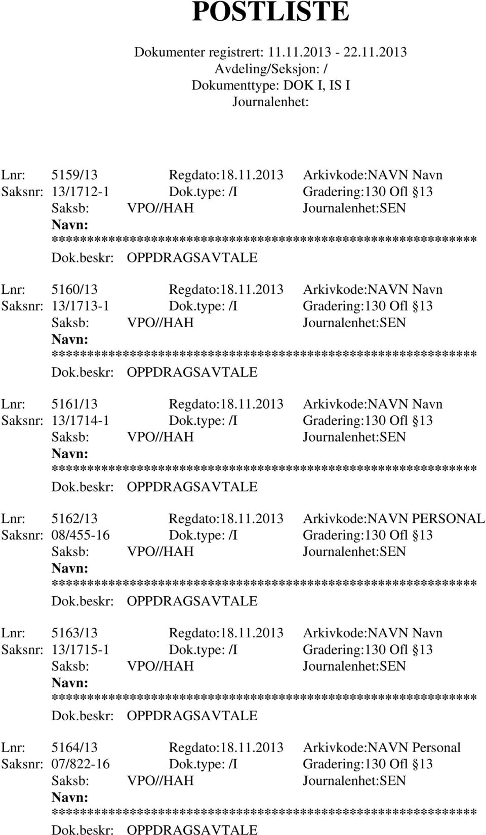 11.2013 Arkivkode:NAVN PERSONAL Saksnr: 08/455-16 Dok.type: /I Gradering:130 Ofl 13 Lnr: 5163/13 Regdato:18.11.2013 Arkivkode:NAVN Navn Saksnr: 13/1715-1 Dok.