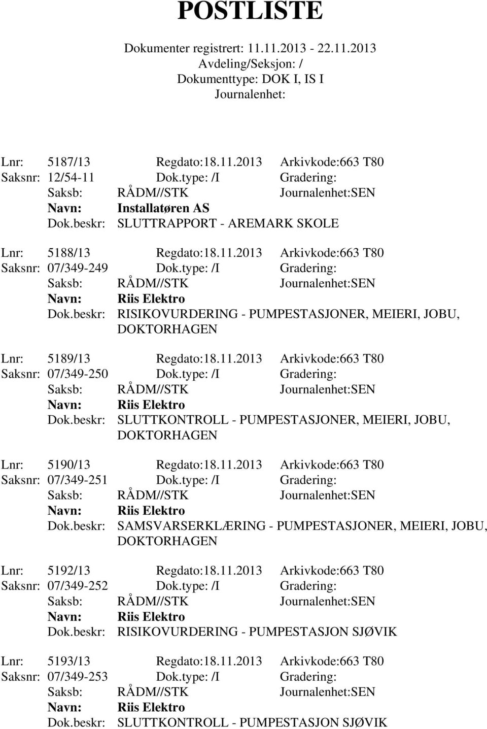 type: /I Gradering: Riis Elektro Dok.beskr: SLUTTKONTROLL - PUMPESTASJONER, MEIERI, JOBU, DOKTORHAGEN Lnr: 5190/13 Regdato:18.11.2013 Arkivkode:663 T80 Saksnr: 07/349-251 Dok.