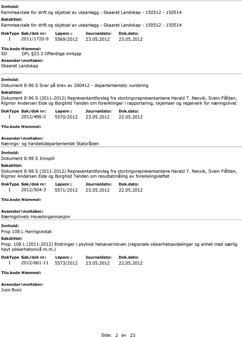 3 Offentlige innkjøp Skaaret Landskap Dokument 8:96 S Svar på brev av 260412 - departementets vurdering Dokument 8:96 S (2011-2012) Representantforslag fra stortingsrepresentantene Harald T.