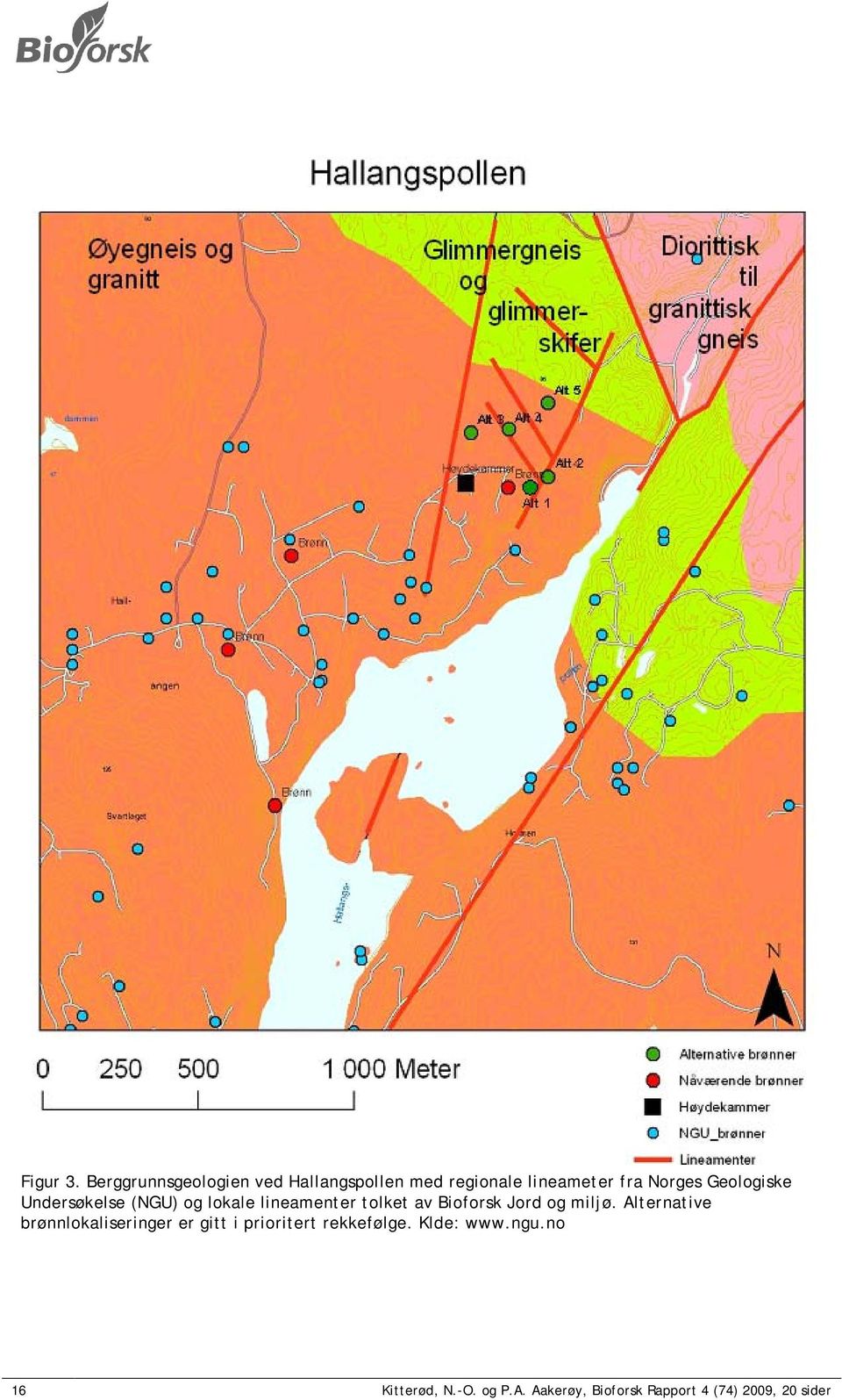 Geologiske Undersøkelse (NGU) og lokale lineamenter tolket av Bioforsk Jord og