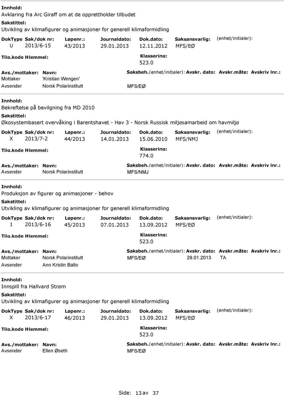 : Mottaker 'Kristian Wengen' Bekreftelse på bevilgning fra MD 2010 Økosystembasert overvåking i Barentshavet - Hav 3 - Norsk Russisk miljøsamarbeid om havmiljø 2013/7-2 44/2013 15.06.2010 MFS/NMJ 774.