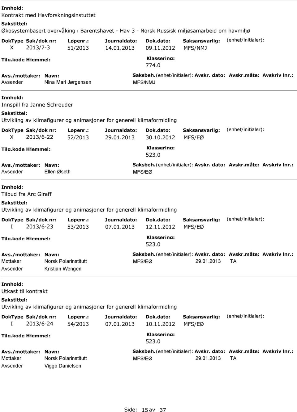 /mottaker: Navn: Saksbeh. Avskr. dato: Avskr.måte: Avskriv lnr.: Ellen Øseth Tilbud fra Arc Giraff tvikling av klimafigurer og animasjoner for generell klimaformidling 2013/6-23 53/2013 07.01.2013 12.