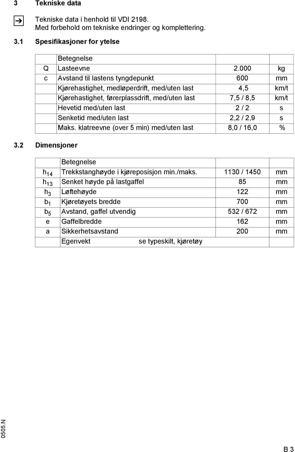 2 s Senketid med/uten last 2,2 / 2,9 s Maks. klatreevne (over 5 min) med/uten last 8,0 / 16,0 % 3.2 Dimensjoner Betegnelse h 14 Trekkstanghøyde i kjøreposisjon min./maks.