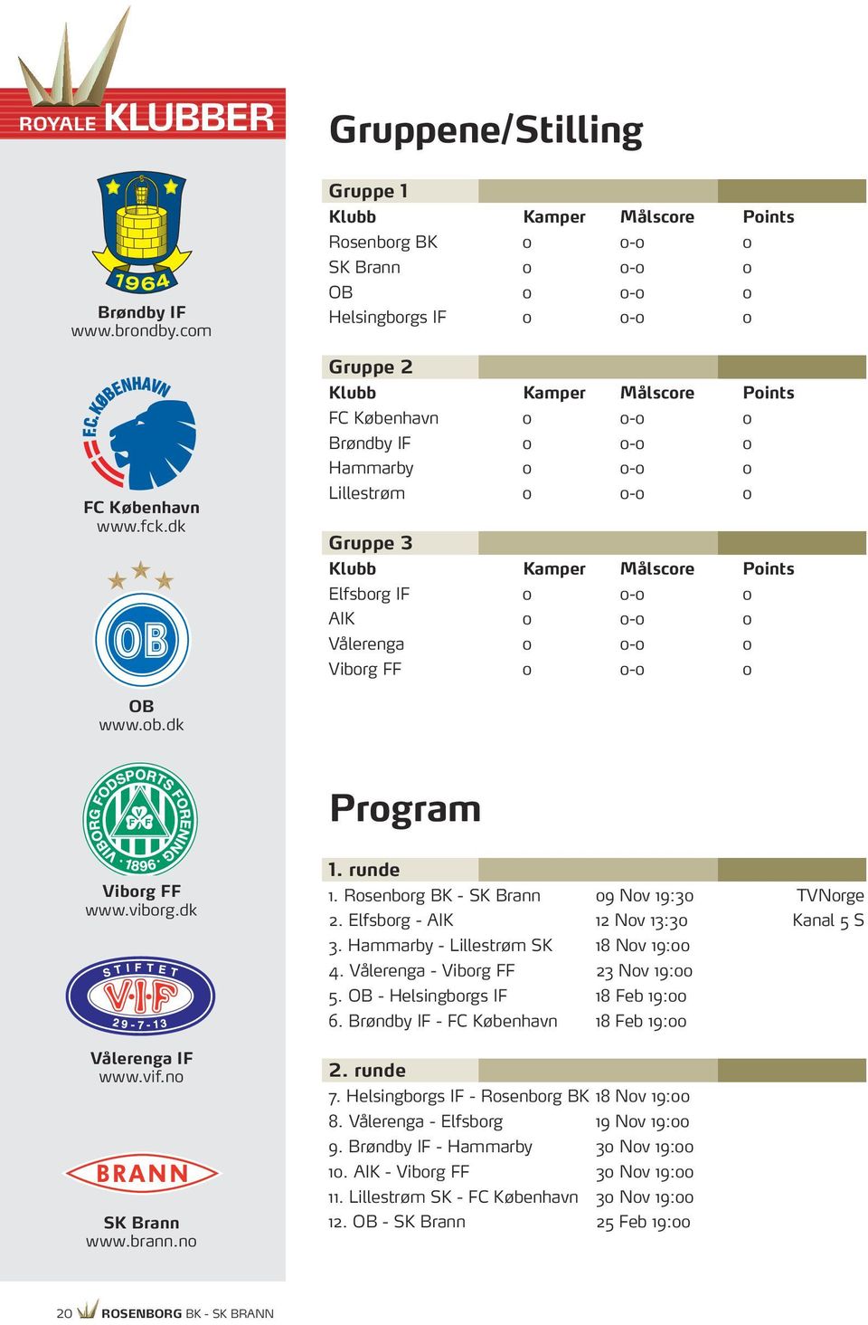 Hammarby 0 0-0 0 Lillestrøm 0 0-0 0 Gruppe 3 Klubb Kamper Målscore Points Elfsborg IF 0 0-0 0 AIK 0 0-0 0 Vålerenga 0 0-0 0 Viborg FF 0 0-0 0 OB www.ob.dk Program Viborg FF www.viborg.