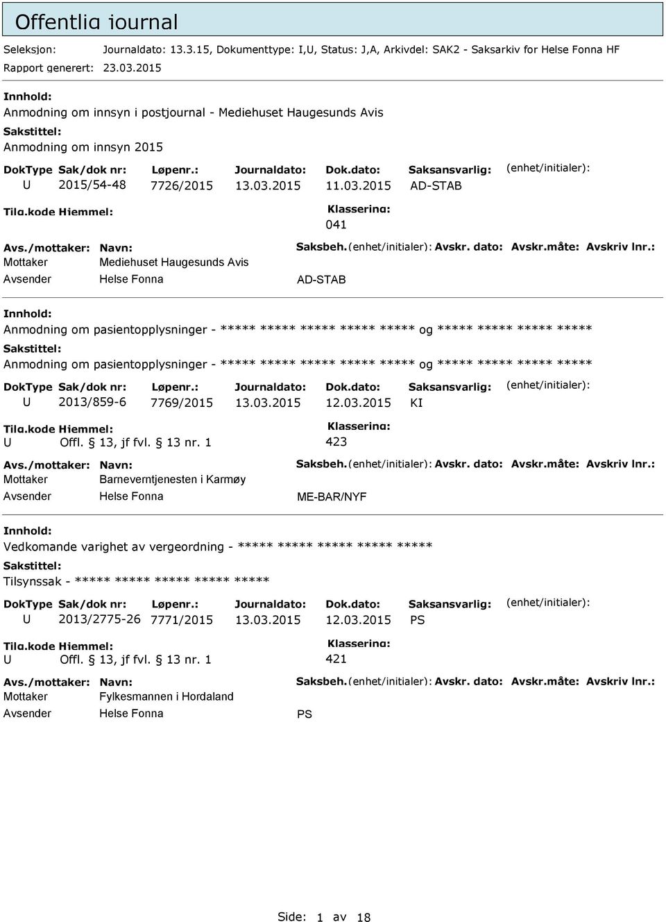 2015 AD-STAB 041 Mottaker Mediehuset Haugesunds Avis AD-STAB Anmodning om pasientopplysninger - ***** og Anmodning om pasientopplysninger - ***** og