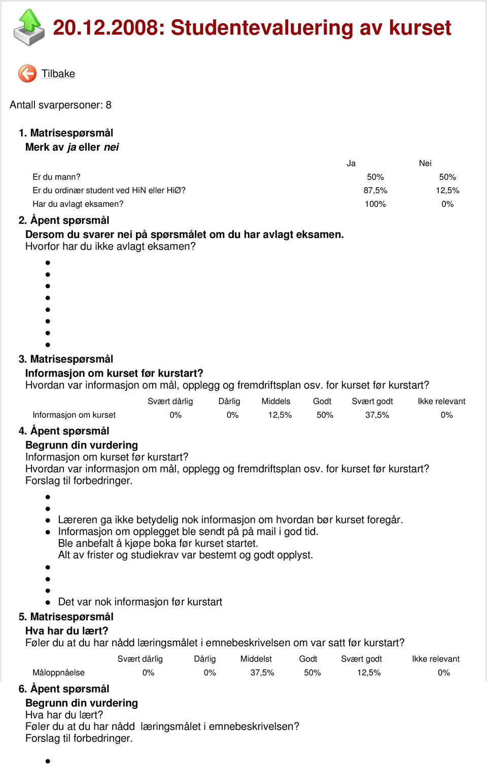 Matrisespørsmål Informasjon om kurset før kurstart? Hvordan var informasjon om mål, opplegg og fremdriftsplan osv. for kurset før kurstart? Informasjon om kurset 0% 0% 12,5% 50% 37,5% 0% 4.