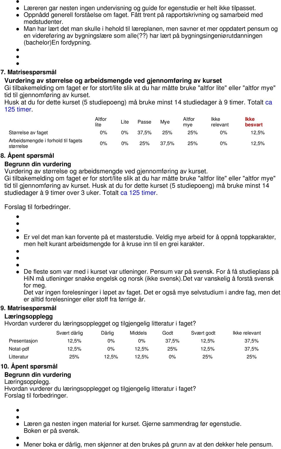 7. Matrisespørsmål Vurdering av størrelse og arbeidsmengde ved gjennomføring av kurset Gi tilbakemelding om faget er for stort/lite slik at du har måtte bruke "altfor lite" eller "altfor mye" tid til