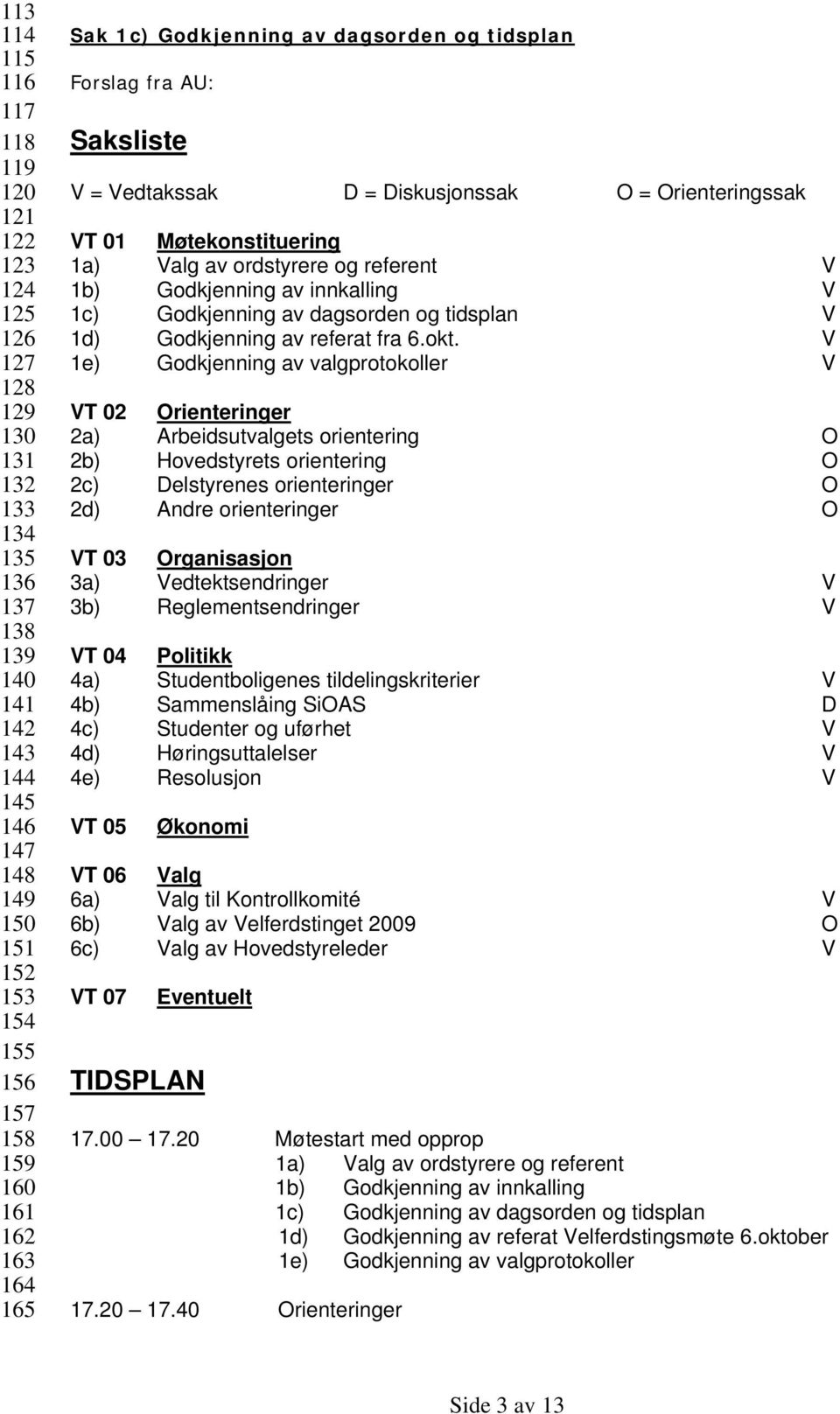 1b) Godkjenning av innkalling V 1c) Godkjenning av dagsorden og tidsplan V 1d) Godkjenning av referat fra 6.okt.