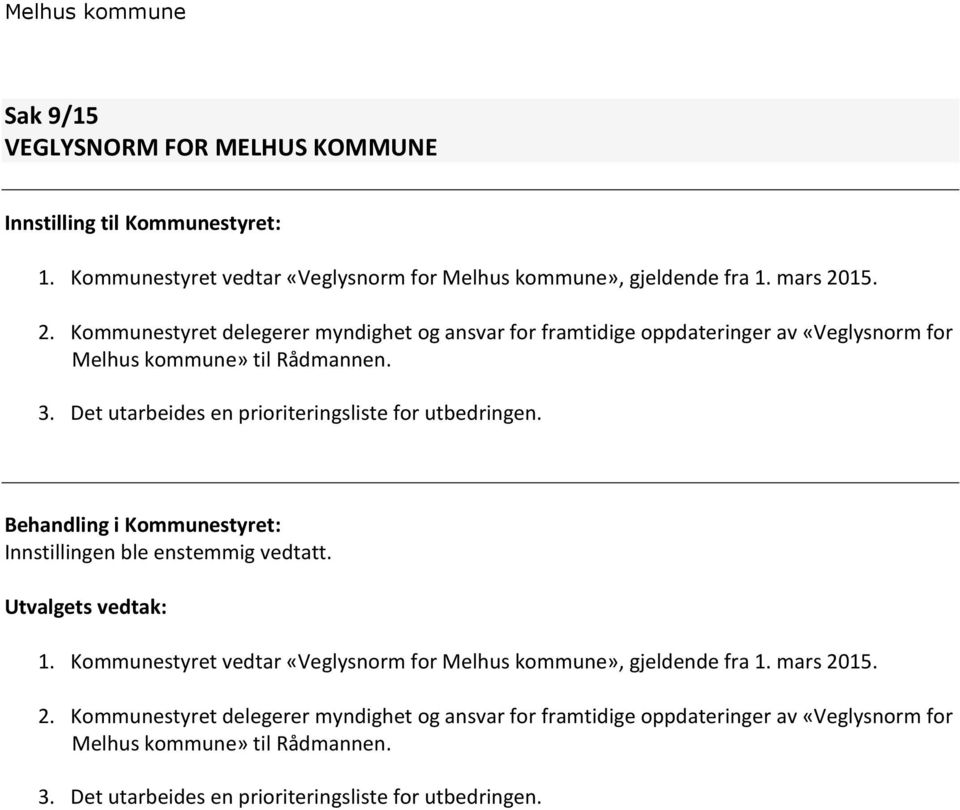 Det utarbeides en prioriteringsliste for utbedringen. Behandling i Kommunestyret: Innstillingen ble enstemmig vedtatt. Utvalgets vedtak: 1.