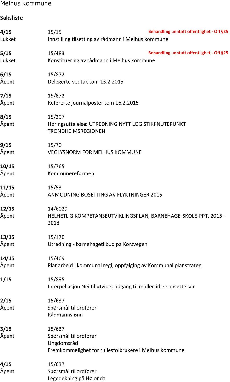 Åpent Delegerte vedtak tom 13.2.