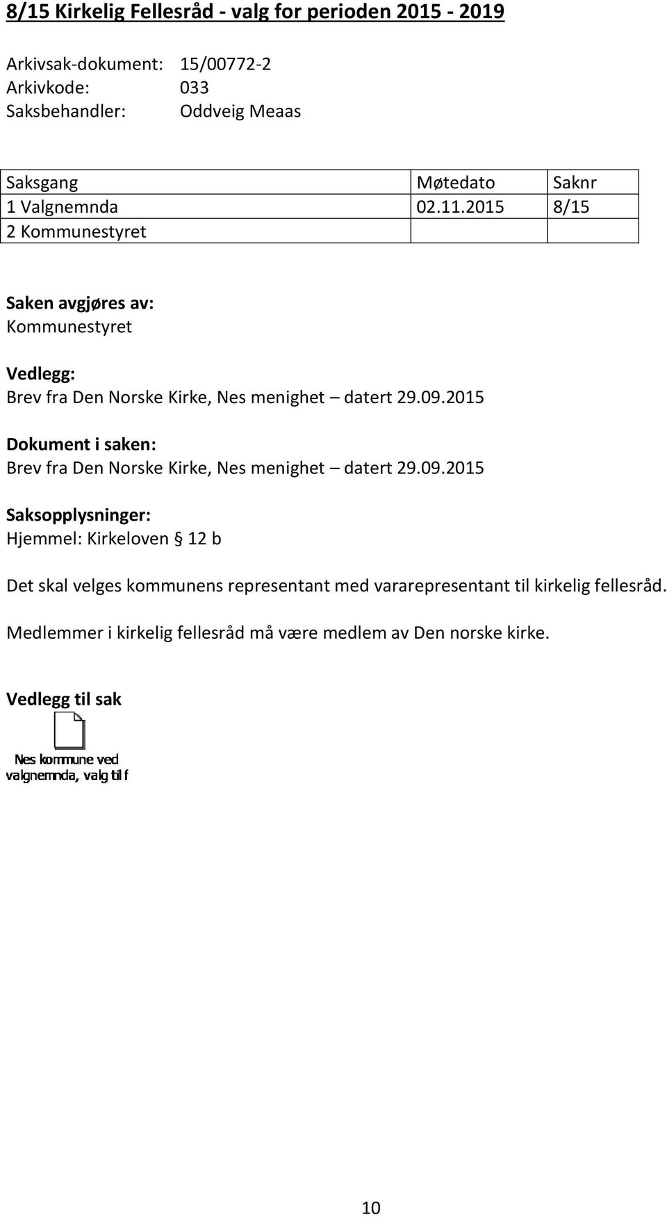 2015 Brev fra Den Norske Kirke, Nes menighet datert 29.09.